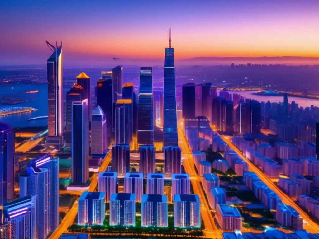 Ciudad moderna diversificada con inversión Protección inversiones inflación economía inestable: imagen de ciudad moderna con rascacielos iluminados y gráficos financieros