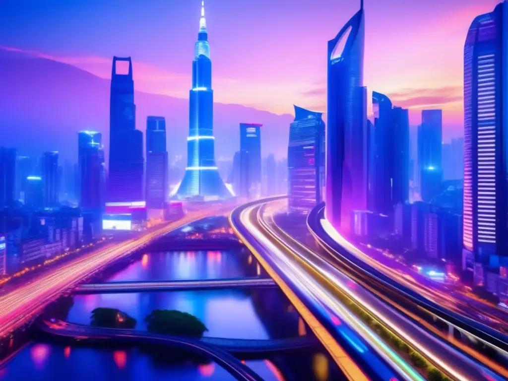 Ciudad asiática vibrante al anochecer Inversiones en América Latina vs Asia Emergente: Ciudad vibrante y futurista en una imagen 8k del atardecer