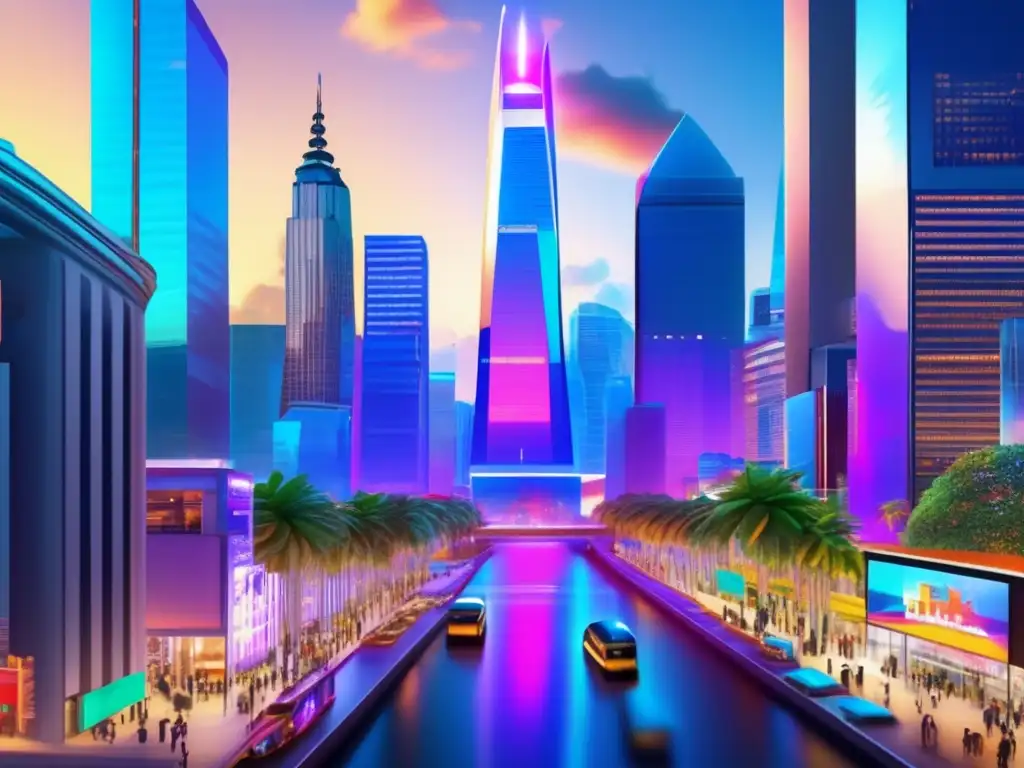 Ciudad financiera latina vibrante y moderna Inversiones América Latina vs Asia Emergente: Distrito financiero vibrante y moderno con profesionales y rascacielos