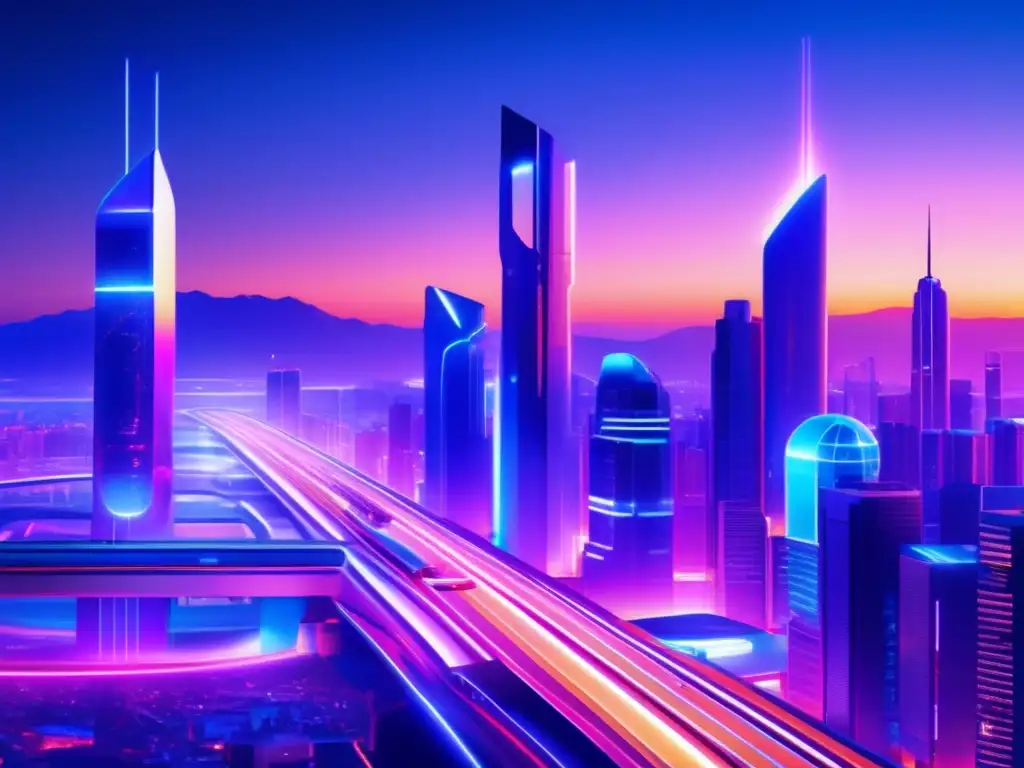 Futurista ciudad iluminada con tecnología avanzada Inversiones en empresas de futuro con IA: Ciudad futurista con transporte avanzado, infraestructura inteligente, hologramas y rascacielos tecnológicos