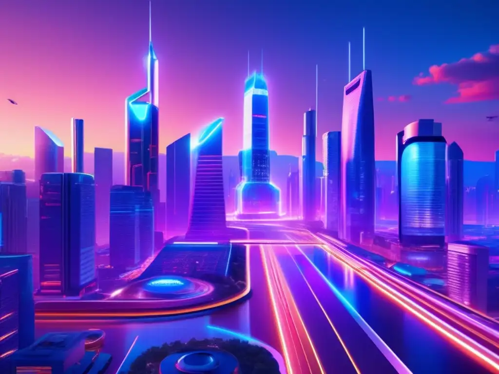 Ciudad futurista con tecnología y AI Inversiones en empresas de futuro con IA en una ciudad futurista iluminada por luces neón y tecnología avanzada