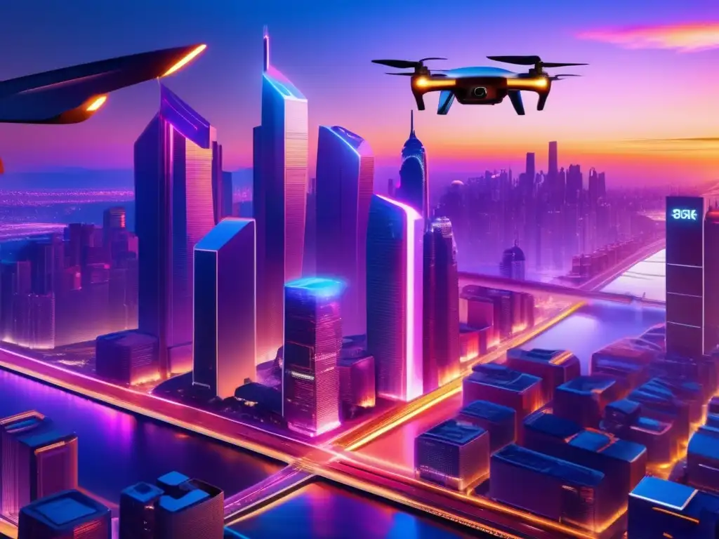 Ciudad futurista con rascacielos y drones AI Inversiones en empresas de futuro con IA - Ciudad futurista, tecnología avanzada, oportunidades ilimitadas