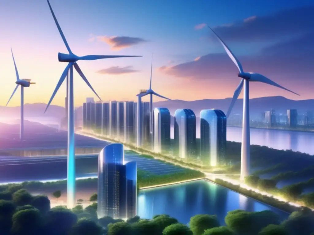 Futurista ciudad con armoniosa integración de naturaleza y tecnología Inversiones en energía limpia: diversifica tu cartera