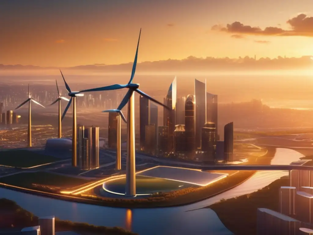 Ciudad futurista con energía limpia y progreso Inversiones en energía limpia, diversificando cartera