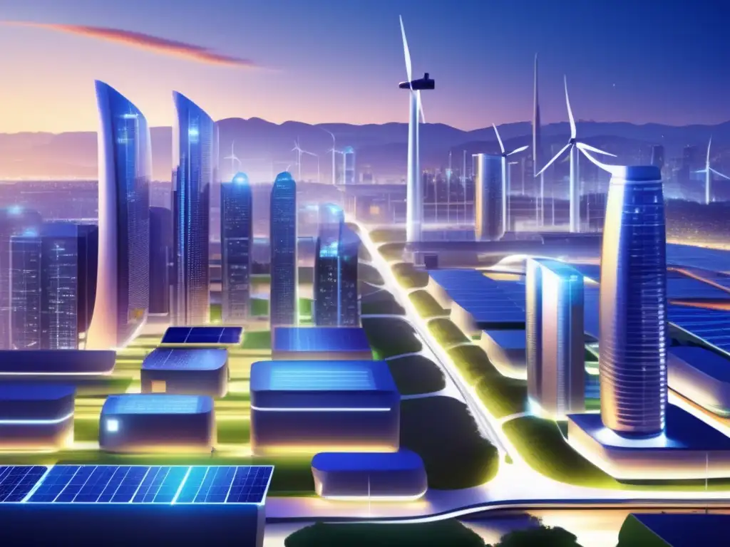 Ciudad futurista con energías renovables Inversiones en energías alternativas: Futurista ciudad sostenible con edificios eficientes, energías renovables y vehículos eléctricos