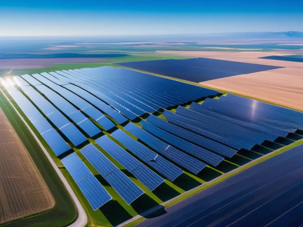 Energía solar futurista Inversiones en energías alternativas, planta solar futurista en un vasto paisaje, energía renovable y sostenibilidad