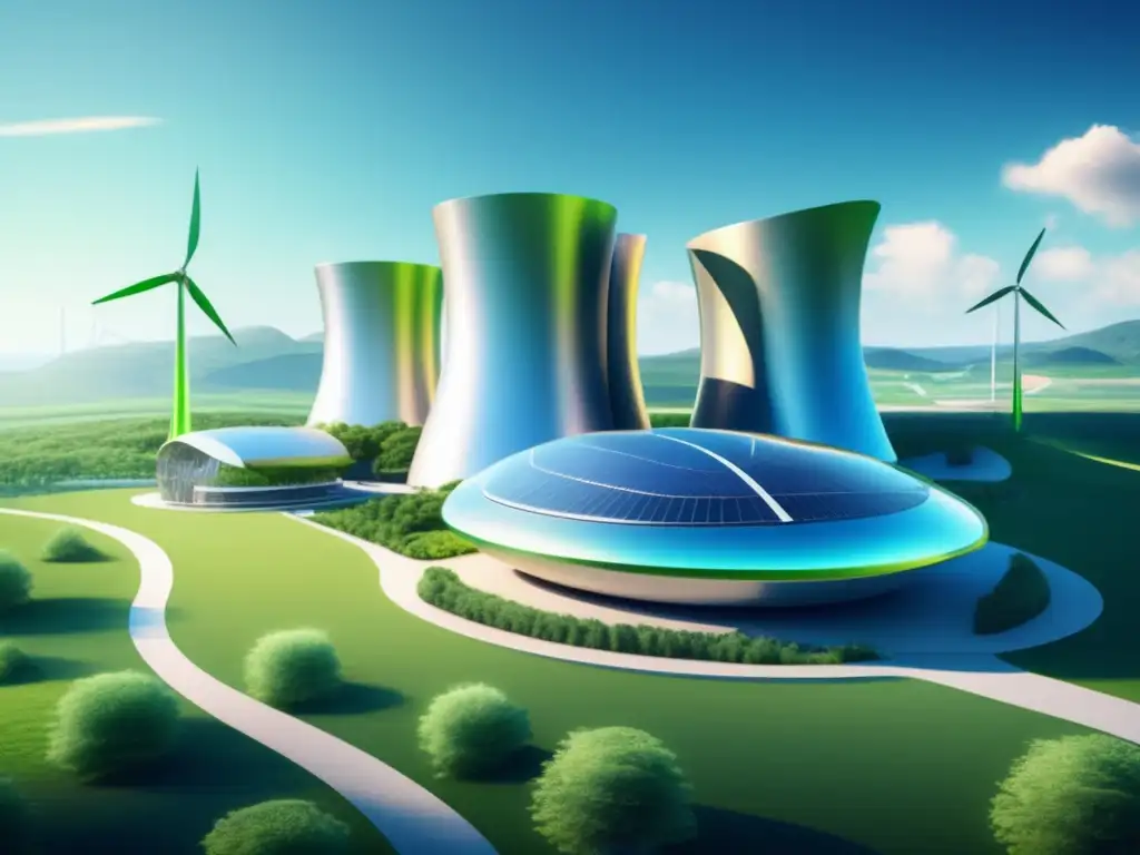 Planta de energía futurista impulsada por fuentes renovables Inversiones en energías alternativas: Planta de energía futurista y sostenible en un paisaje verde y vibrante