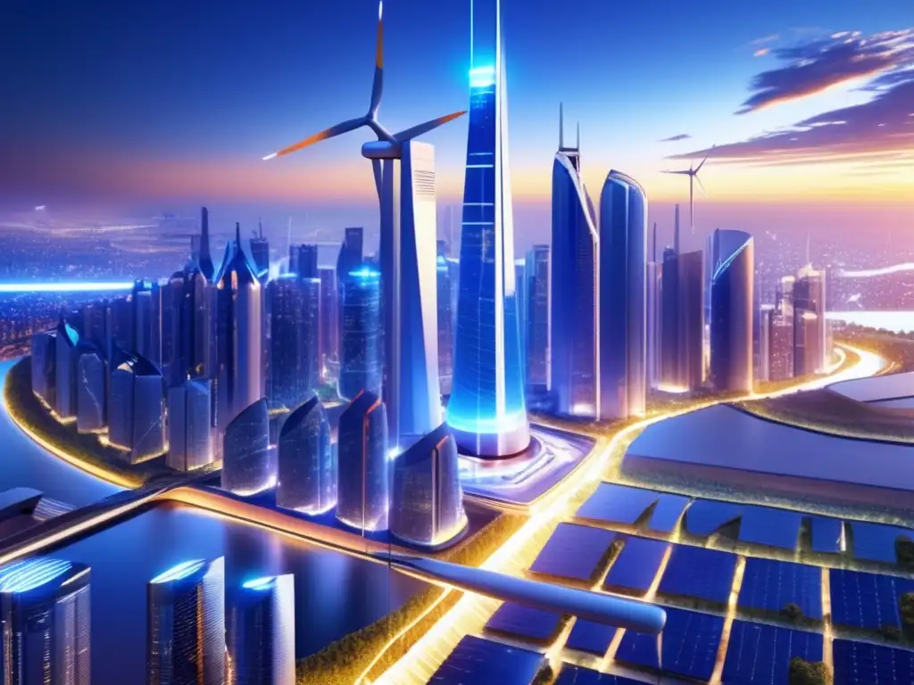 Futuro urbano sostenible: energía limpia y tecnología Inversiones en energías limpias: una ciudad futurista con infraestructura ecológica y tecnologías renovables