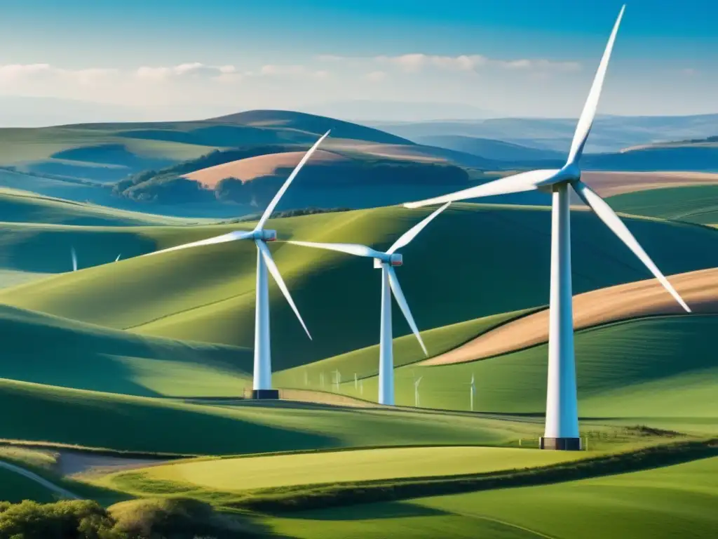 Wind farm en colinas verdes Inversiones en energías renovables: moderno parque eólico en colinas verdes con cielo azul, turbinas elegantes girando armoniosamente