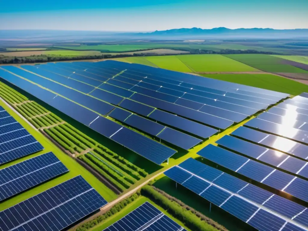 Paisaje verde con energías renovables Inversiones en energías renovables en un paisaje verde con paneles solares, turbinas eólicas y biomasa