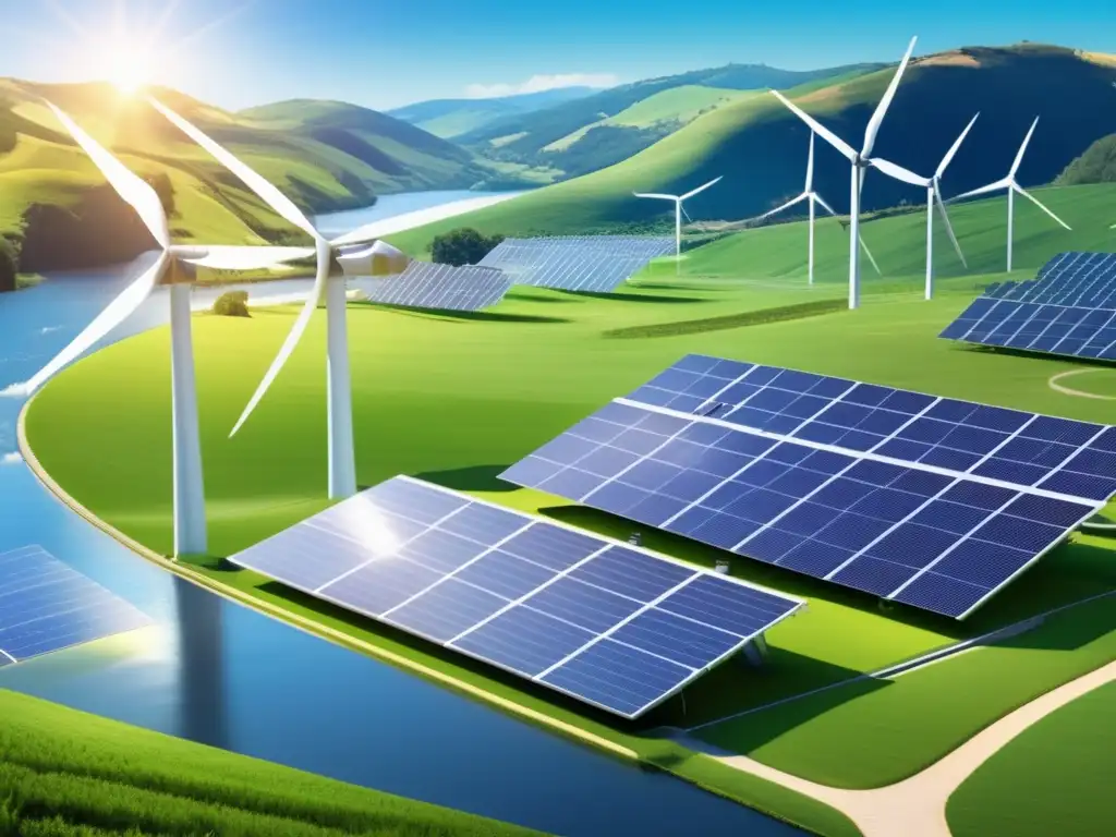 Energías renovables en armonía Inversiones en energías renovables: Paisaje con paneles solares, molinos de viento, hidroeléctrica y tecnologías emergentes