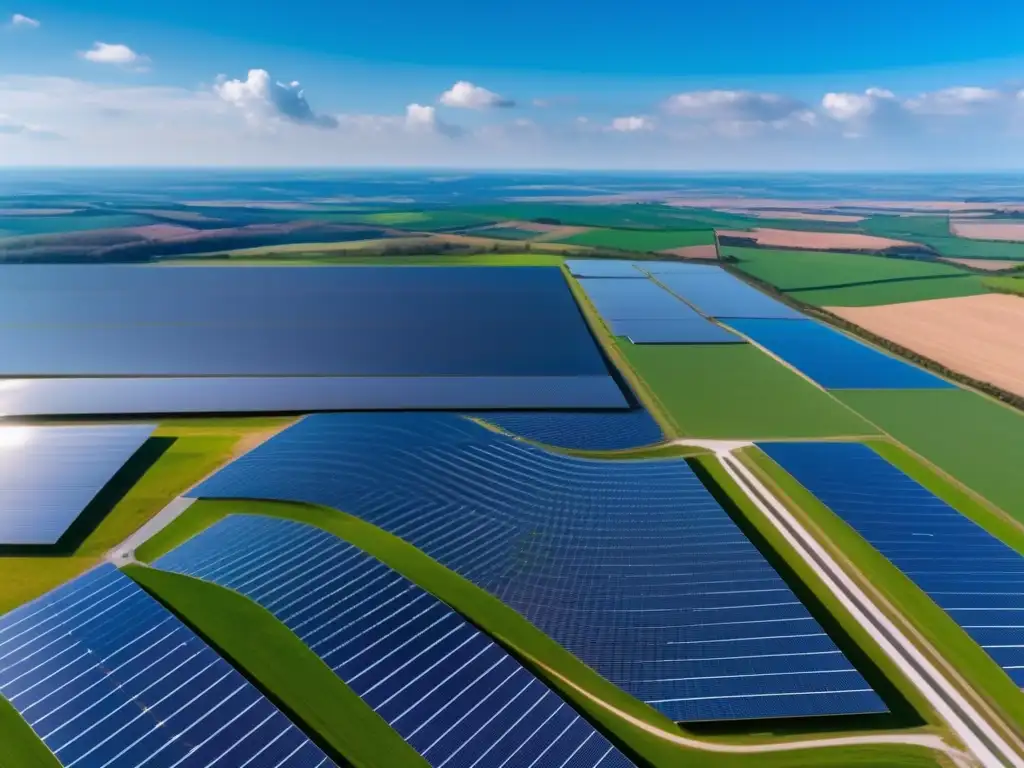 Granja solar: energía limpia y paisaje pintoresco Inversiones en energías renovables: Solar farm con paneles alineados, cielo azul y nubes blancas, transmitiendo tranquilidad y armonía