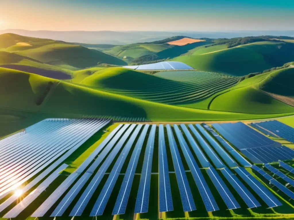 Paisaje impresionante de una granja solar futurista Inversiones en energías renovables: Tendencias y oportunidades en un impresionante paisaje solar futurista