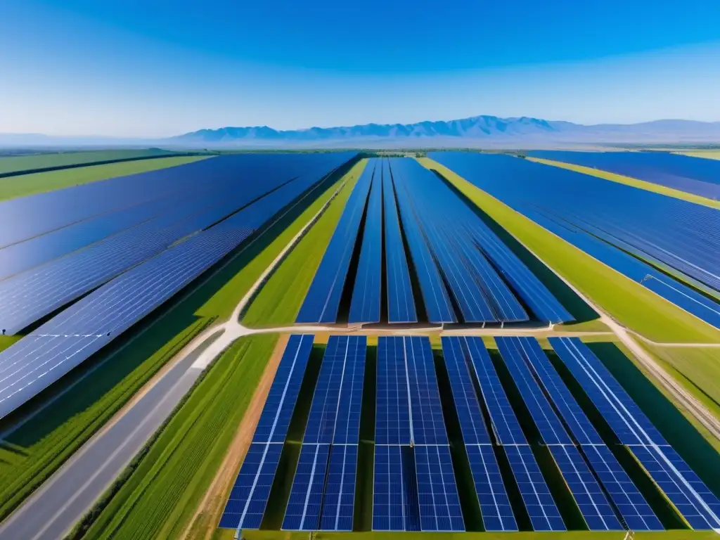 Energía solar ilimitada Inversiones en energías renovables: Tendencias y oportunidades, vista panorámica de una granja solar con paneles relucientes y técnicos inspeccionando