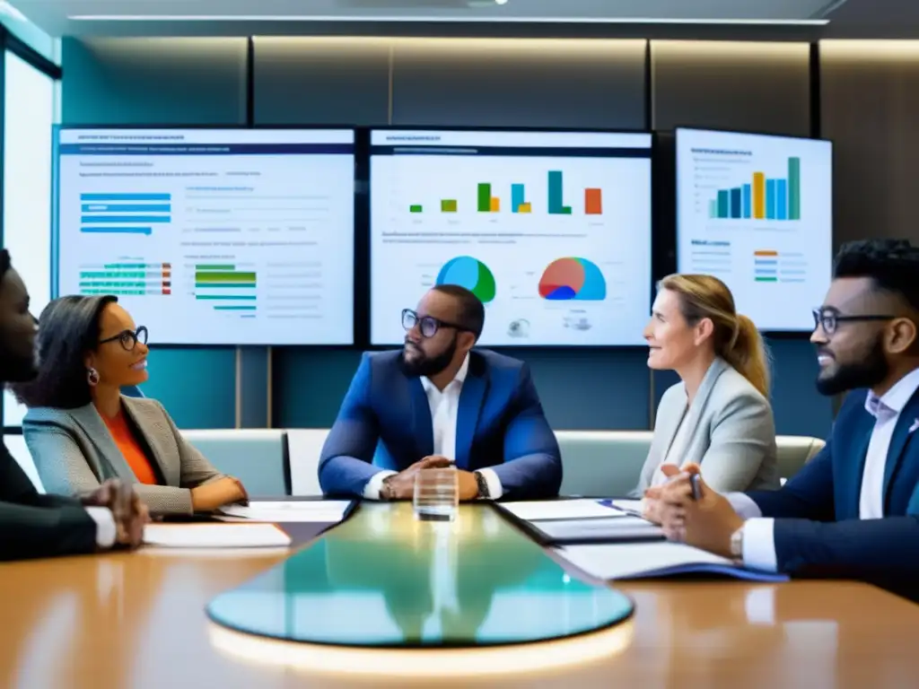 Conferencia sobre inversiones ESG: diversidad y colaboración Inversiones ESG: guía esencial - Profesionales diversos discuten en una mesa con gráficos y luz natural, simbolizando colaboración y modernidad