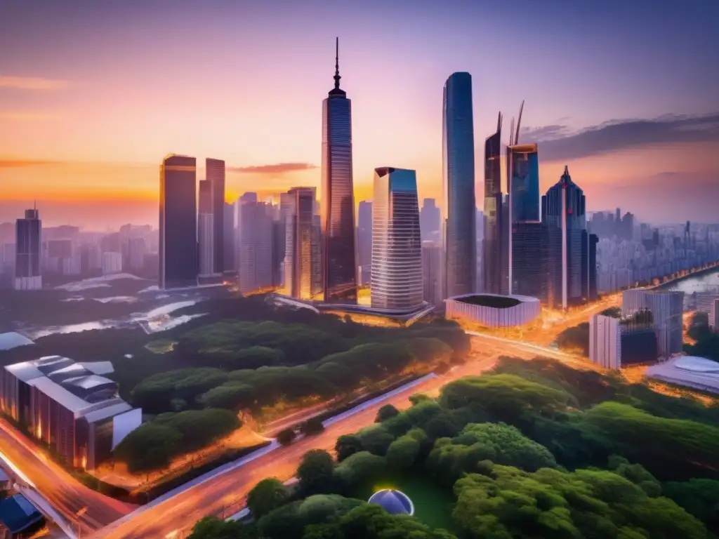 Sunset cityscape with modern architecture Inversiones ESG: Futuro financiero sostenible en una metrópolis dinámica