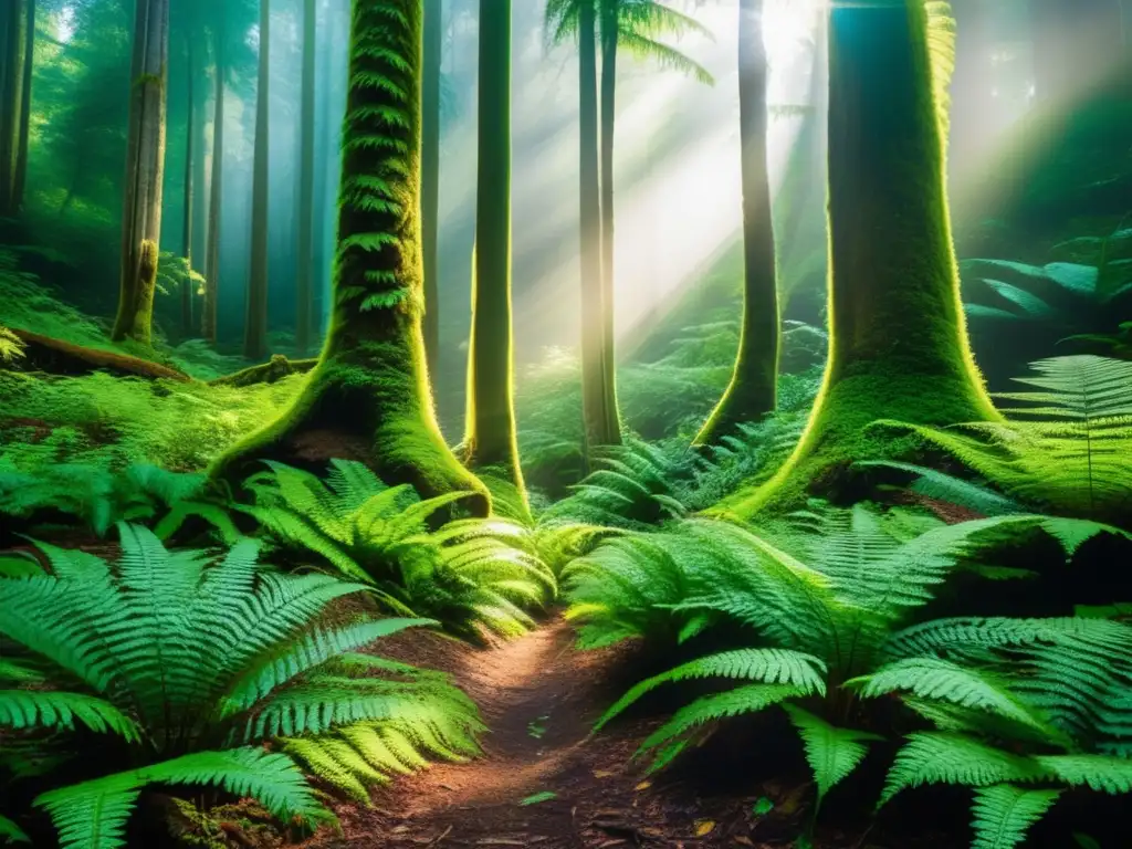 Bosque exuberante con árboles majestuosos y luz filtrada Inversiones ESG: Mitos desmontados en una exuberante selva sostenible