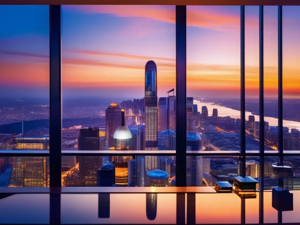 Ciudad moderna y profesionales analizando Inversiones ESG: Mitos desmontados - Ciudad moderna al atardecer, rascacielos de cristal reflejando el sol, profesionales analizando datos