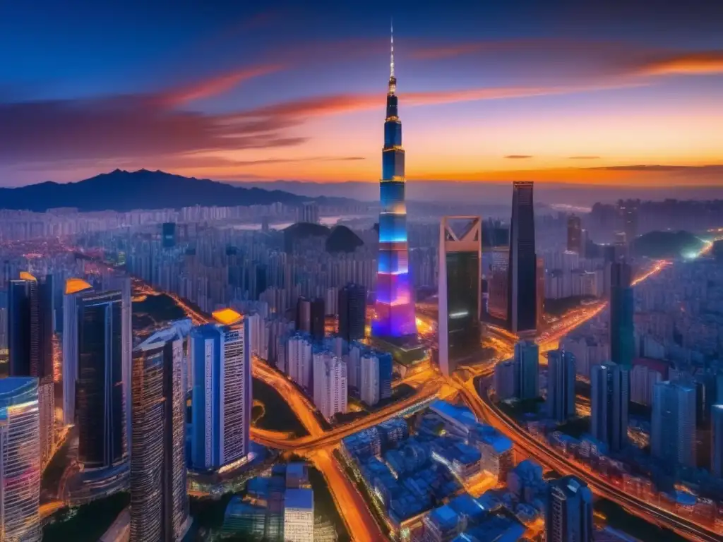 Moderna ciudad de la Nueva Ruta de la Seda Inversiones estratégicas en Asia: vibrante ciudad moderna con rascacielos, vehículos eléctricos y puentes que simbolizan la Nueva Ruta de la Seda