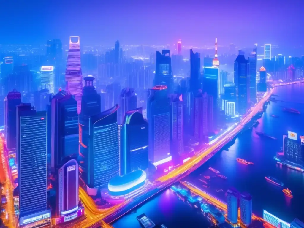 Ciudad asiática vibrante de noche con rascacielos y luces de neón Inversiones estratégicas en Asia: Ciudad asiática vibrante, con rascacielos iluminados por luces de neón y reflejos brillantes