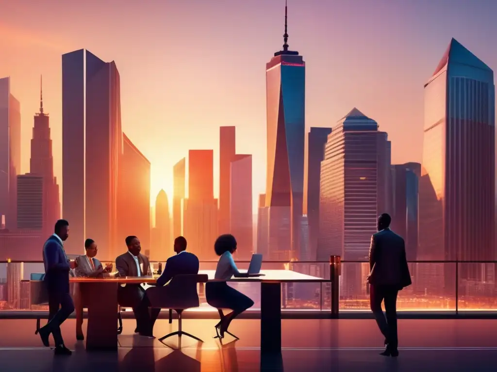 Ciudad vibrante: diversidad y profesionalidad Inversiones éticas y rentabilidad inclusiva en vibrante ciudad al atardecer, con rascacielos, diversidad y profesionales discutiendo