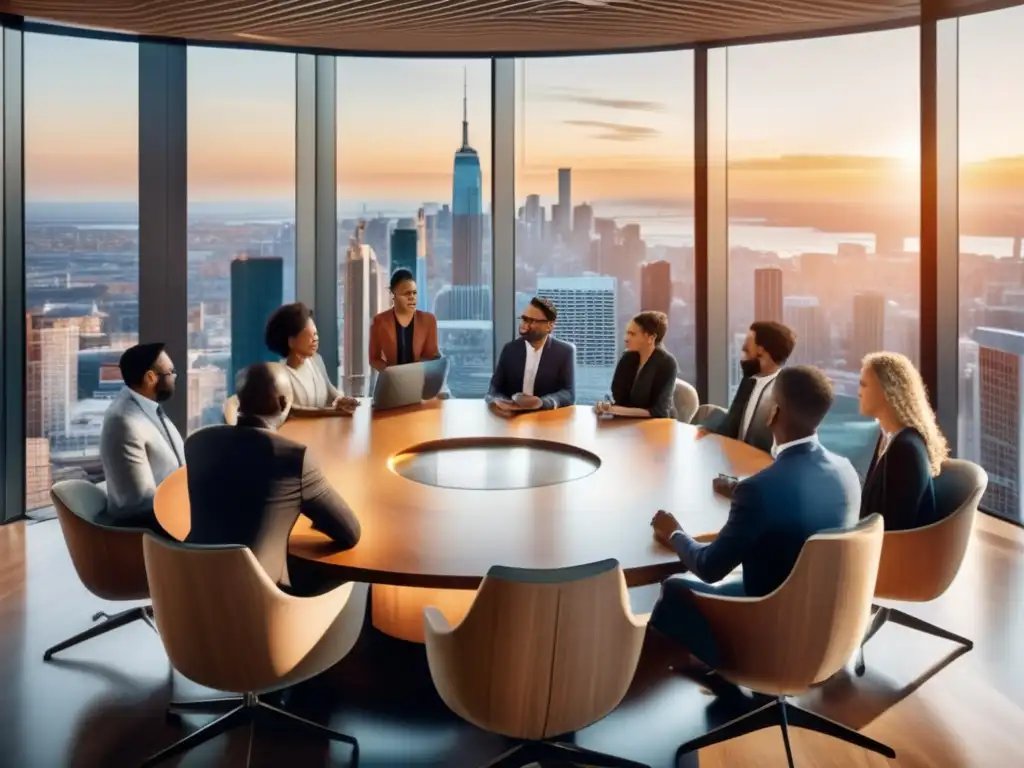 Grupo diverso discute inversiones éticas en mesa moderna Inversiones éticas y rentabilidad inclusiva: Grupo diverso en mesa de madera moderna, rodeados de ventanas panorámicas y vistas a la ciudad