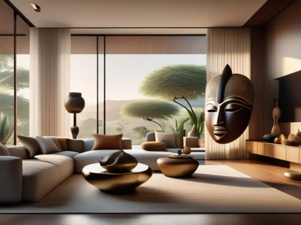 Sala de estar con objetos exóticos Inversiones exóticas y objetos curiosidad en una sala moderna con máscara tribal, gemas brillantes y un móvil de conchas