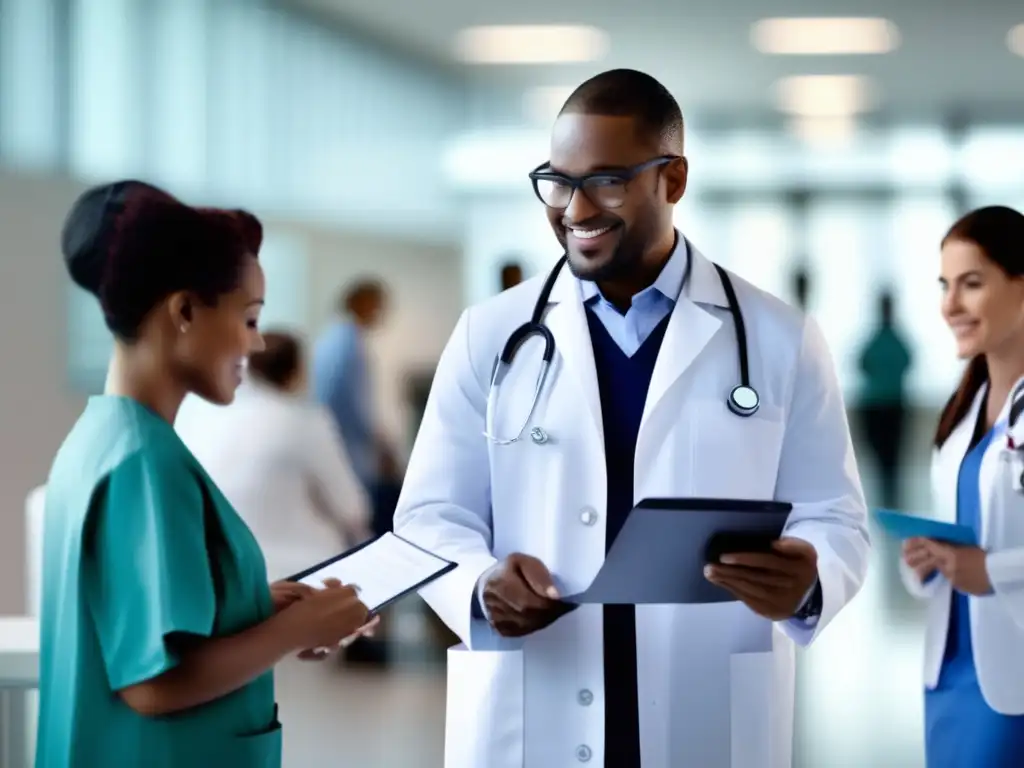 Grupo diverso de profesionales en hospital moderno Inversiones salud inclusión financiera: Grupo diverso de personas en actividades de atención médica en un hospital moderno