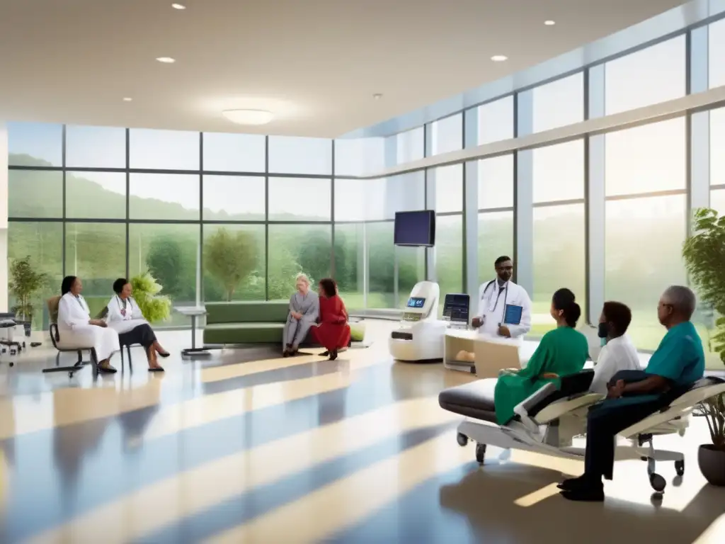 Grupo diverso en moderno centro médico Inversiones salud inclusión financiera en moderna instalación médica, con diversidad y tecnología avanzada