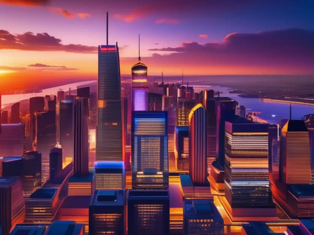Ciudad financiera moderna al atardecer Evolución de las inversiones financieras en una ciudad moderna al atardecer