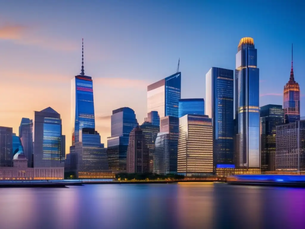 Ciudad financiera en crepúsculo con inversor analizando inversiones Inversiones financieras: Distrito financiero al atardecer con rascacielos, luces y experto analizando gráficos de inversión