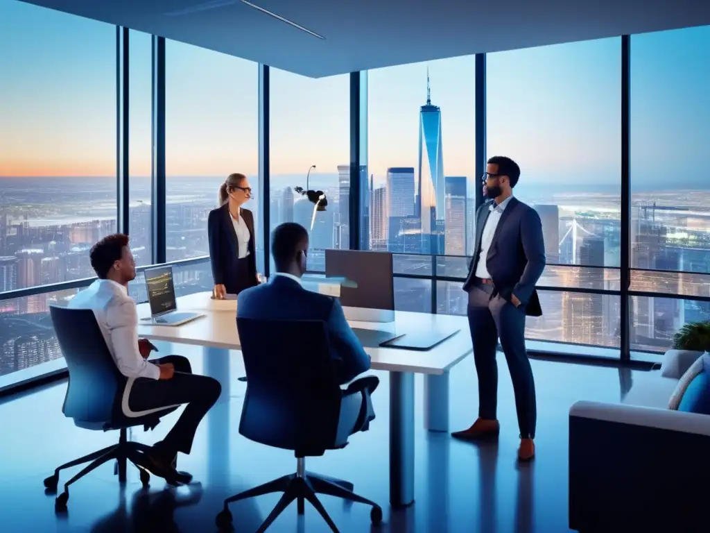 Oficina moderna con vista panorámica de la ciudad Roboadvisors revolucionando inversiones financieras en una oficina moderna y profesional con vista a la ciudad