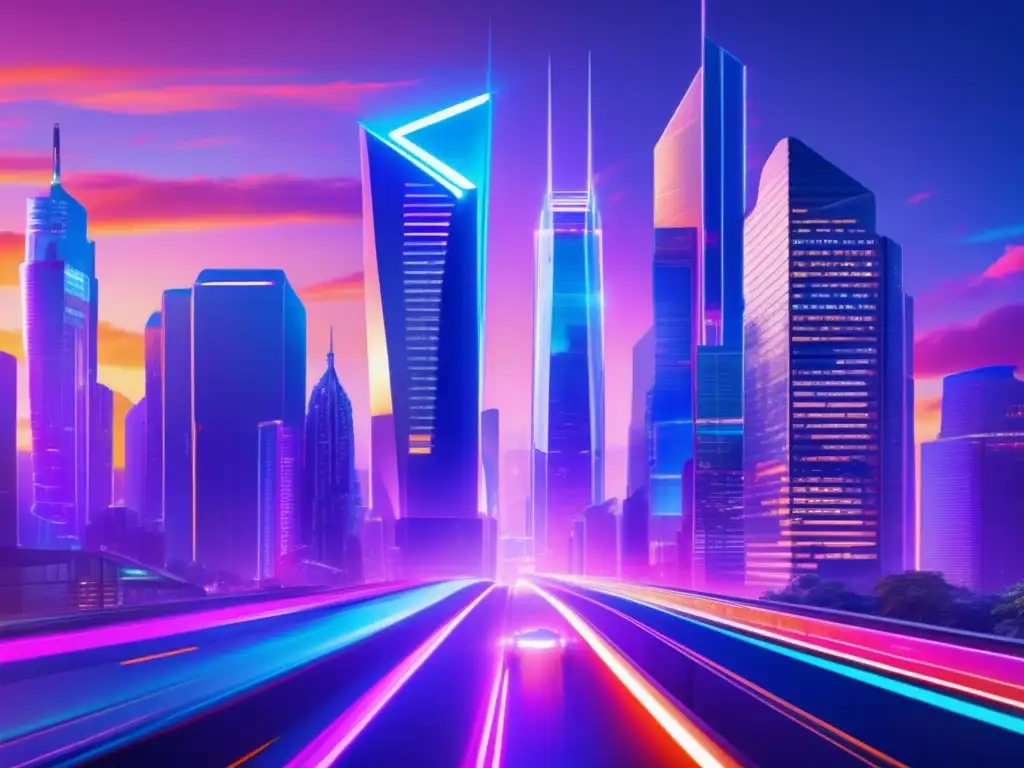 Futuro ciudad con rascacielos iluminados Roboadvisors: revolucionando inversiones financieras