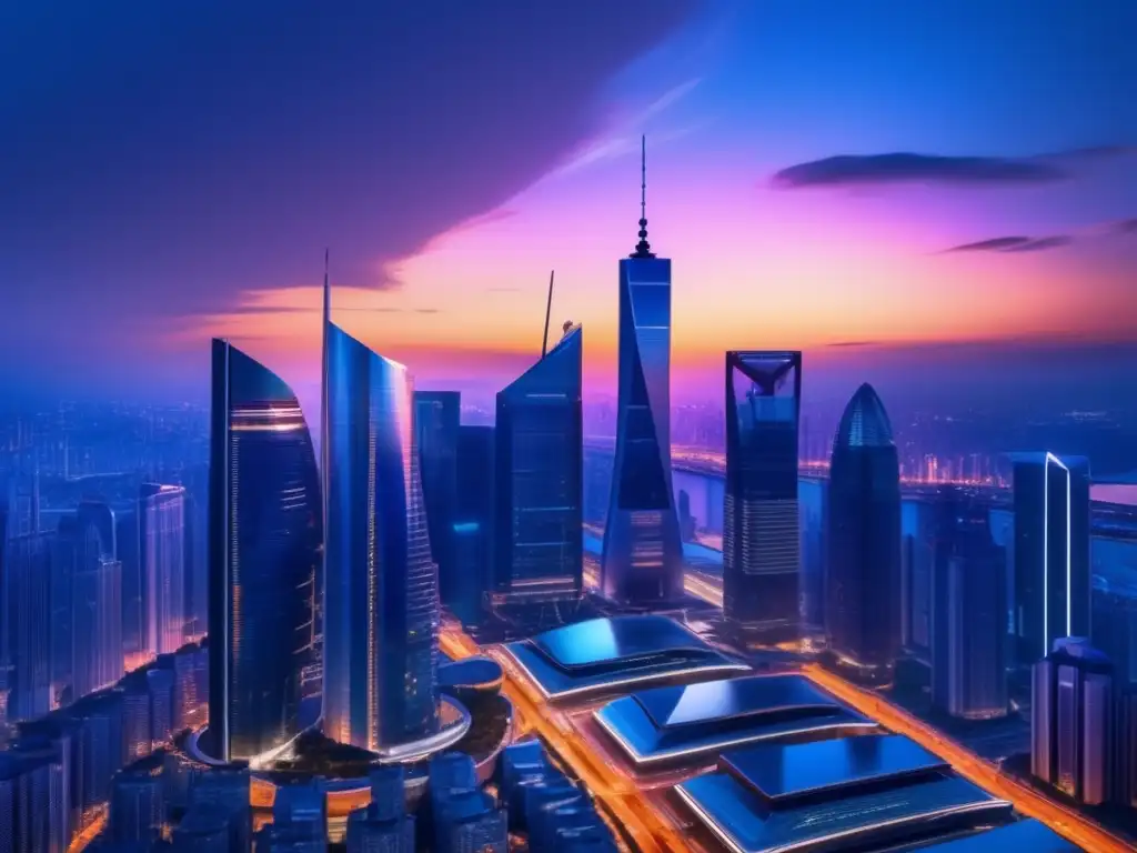 Moderna ciudad financiera al atardecer Inversiones en franquicias financieras: ciudad futurista, rascacielos iluminados y éxito