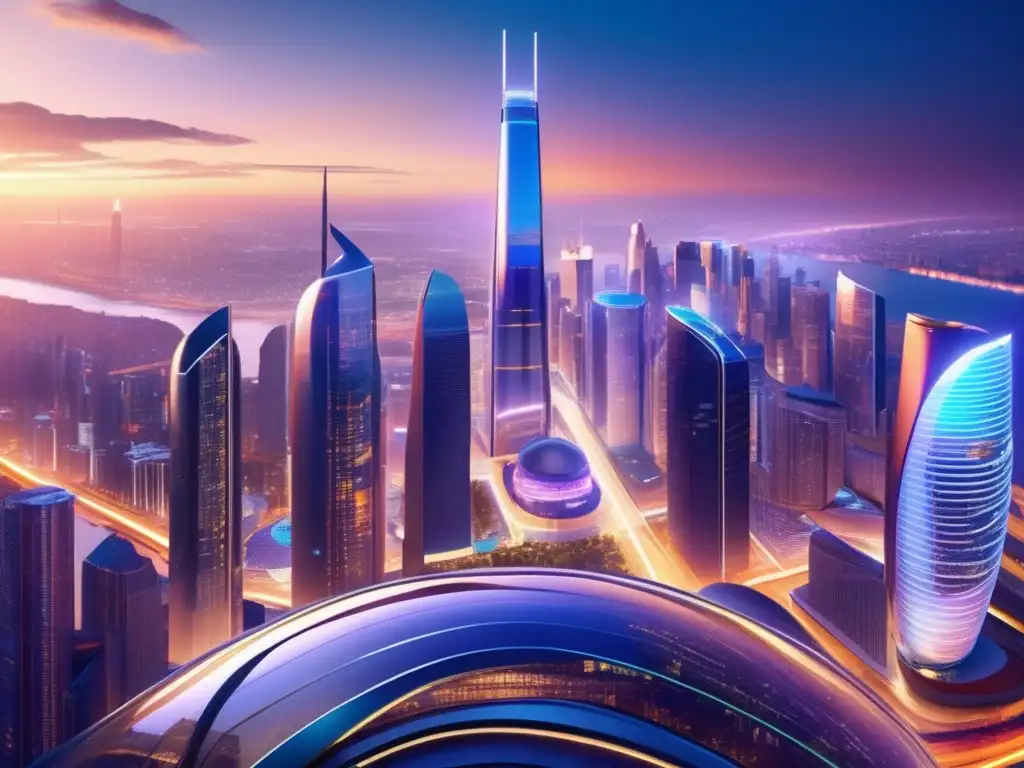 Futurista ciudad financiera con rascacielos y tecnología avanzada Tecnología fintech revolución inversiones: Futurista ciudad con rascacielos, tecnología avanzada, trenes de alta velocidad y profesionales colaborando