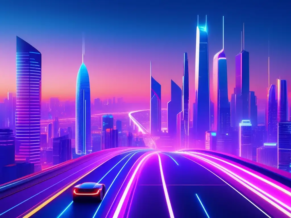 Futuroso paisaje urbano con tecnología AI Transformación inversiones REITs IA: ciudad futurista, rascacielos iluminados, hologramas de datos, profesionales discutiendo