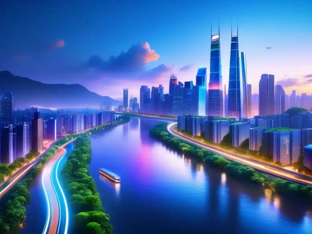 Ciudad futurista con rascacielos y naturaleza Inversiones impacto alianzas públicoprivadas, ciudad futurista, naturaleza integrada, colaboración diversa