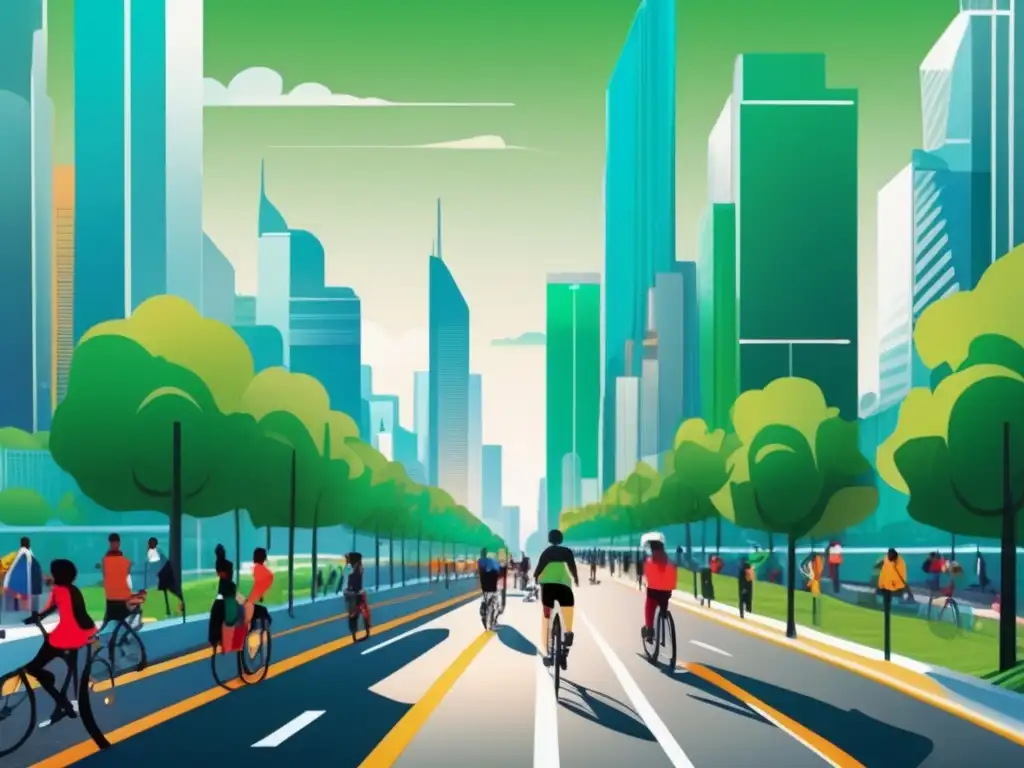 Ciudad moderna con naturaleza Inversiones con impacto social: ciudad moderna, naturaleza integrada, actividad vibrante en calles y parques