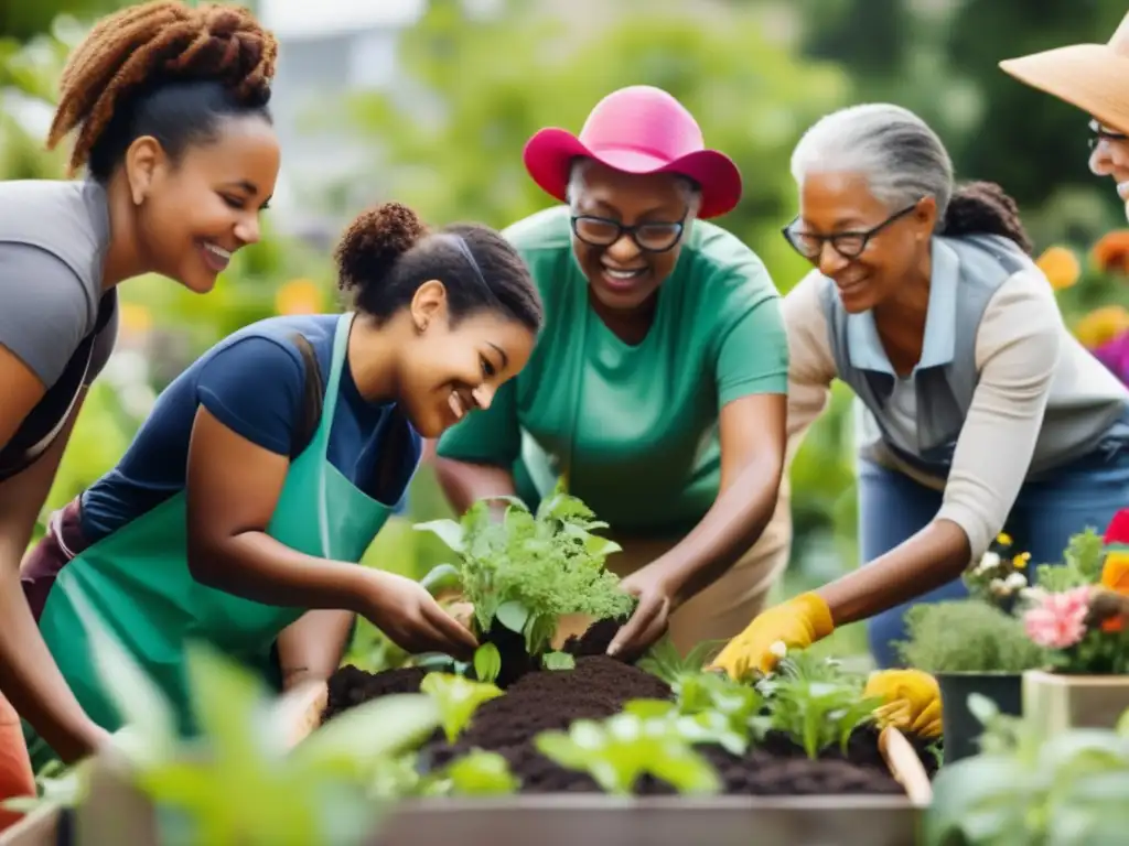 Diversidad en proyecto comunitario Inversiones con impacto social: grupo diverso en proyecto comunitario de jardín urbano vibrante y colaborativo