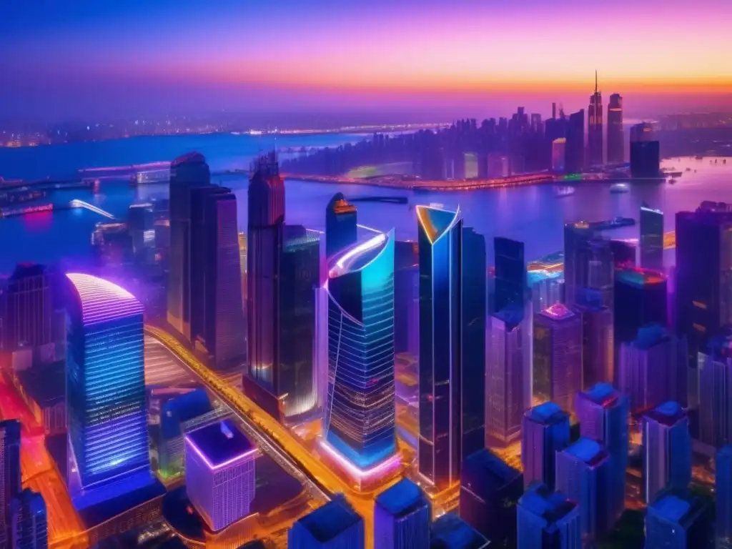 Ciudad vibrante al atardecer, con rascacielos iluminados Inversiones con impacto social en una metrópolis vibrante y llena de energía, con rascacielos iluminados y una arquitectura sofisticada