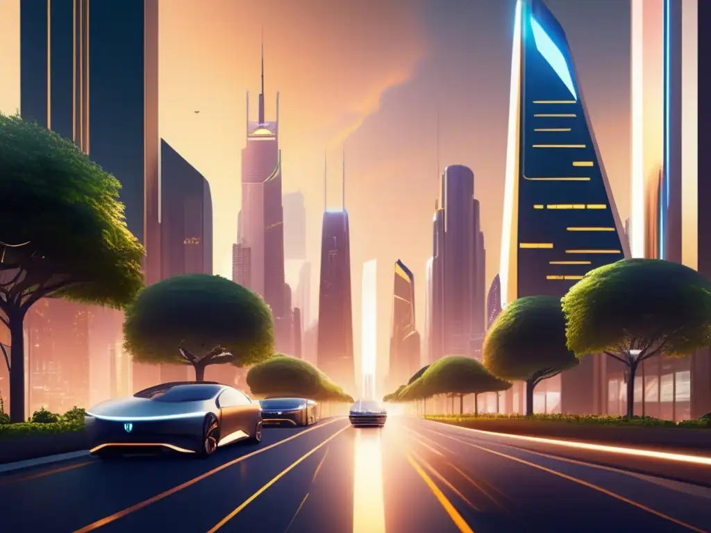 Futurista ciudad verde y vibrante Inversiones impacto social rentables en futurista ciudad con rascacielos, naturaleza, tecnología, colaboración e innovación