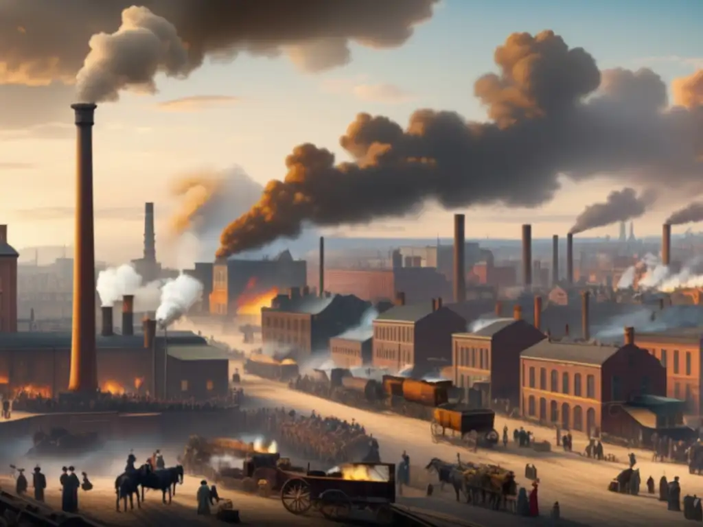 Transformación de la economía durante la Revolución Industrial Inversiones industriales en el siglo XIX: Transformación económica con fábricas, trabajadores, progreso y atardecer