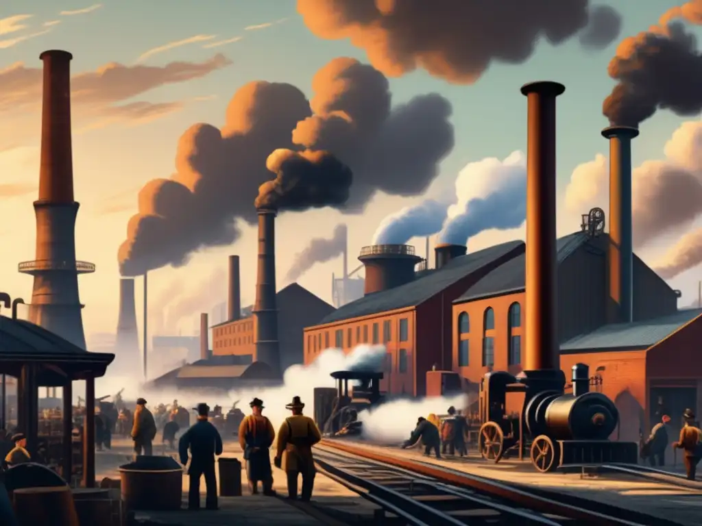 La revolución industrial en el siglo XIX Inversiones industriales en el siglo XIX: fábricas, maquinaria y obreros en una ciudad industrial del siglo XIX, con humo y energía revolucionaria