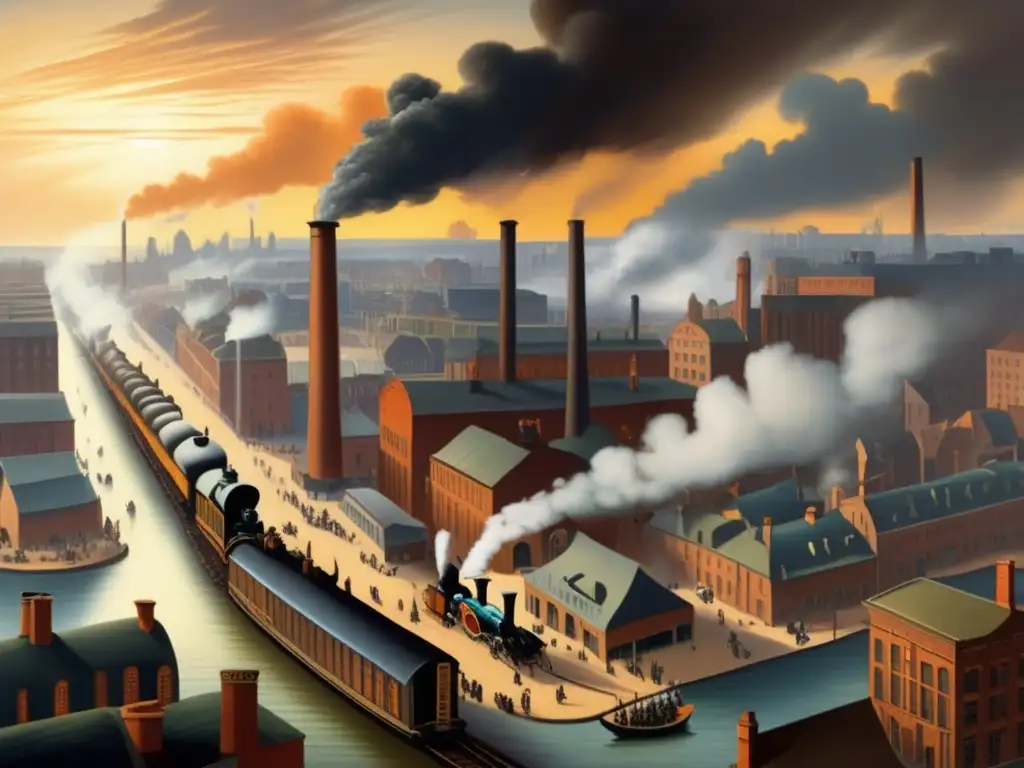 Ciudad industrial en pleno apogeo de la Revolución Industrial Inversiones industriales siglo XIX: ciudad industrial con fábricas, humo, carruajes y arquitectura de la época