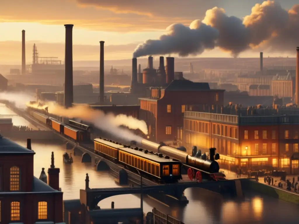 Ciudad industrial del siglo XIX Inversiones industriales en el siglo XIX: ciudad industrial del siglo XIX con fábricas, trenes y calles llenas de carruajes