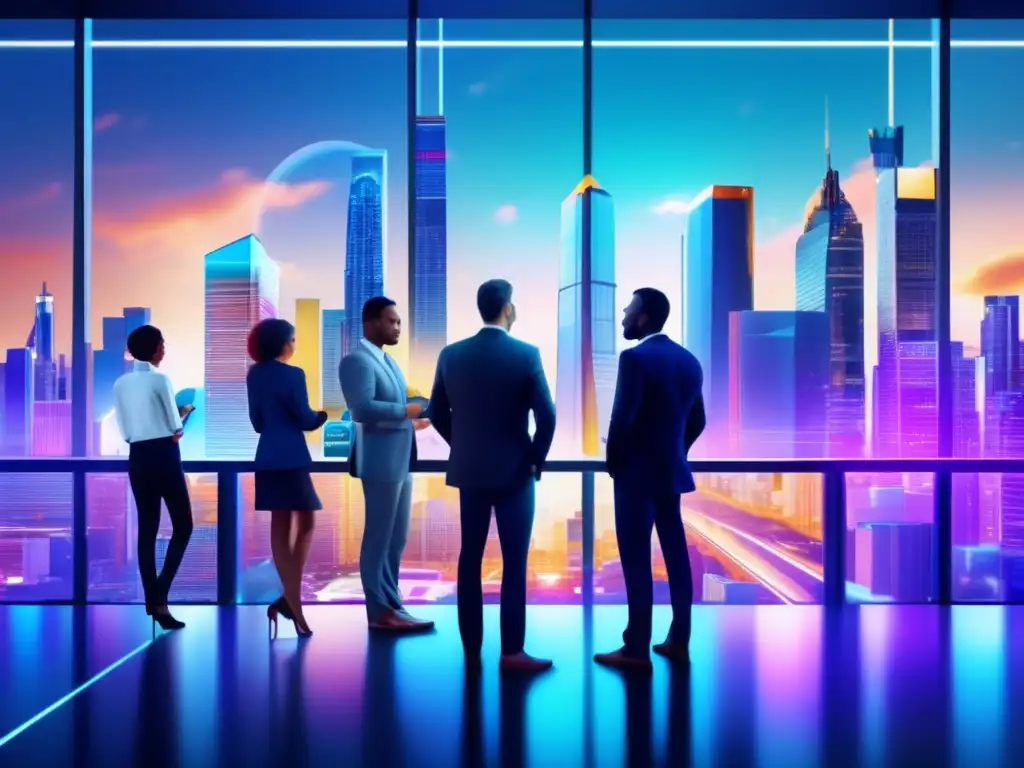 Protección de inversiones contra la inflación con REITs Inversiones en REITs protegiendo contra la inflación: skyline moderno, gráficos bursátiles, profesionales en mesa de conferencias futurista