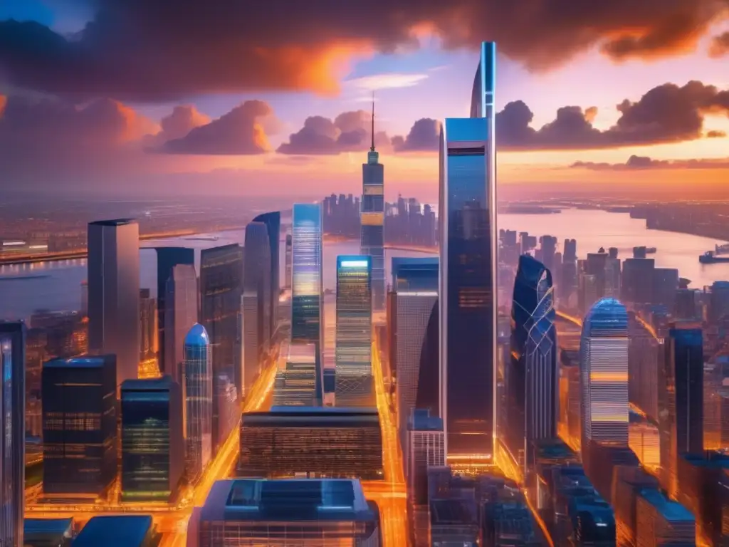Hub financiero global en atardecer dorado Inversiones y la influencia de la economía global