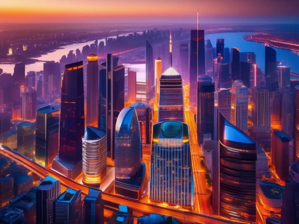 Ciudad moderna al atardecer, vibrante y lujosa Inversiones inmobiliarias: Ciudad moderna, lujo y potencial