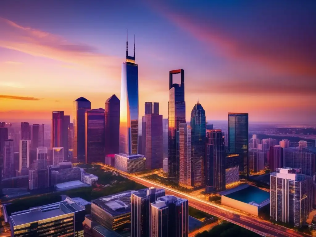 Ciudad moderna al atardecer: inversión en bienes raíces digitales Inversiones inmobiliarias digitales EREITs en ciudad moderna al atardecer