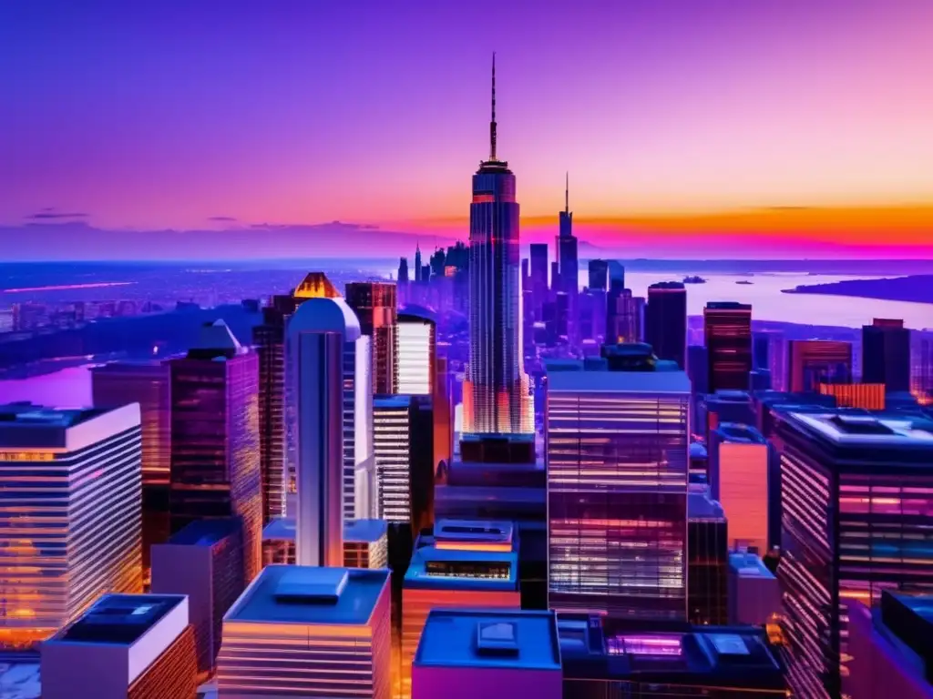 Skyline moderno al atardecer, reflejando la vitalidad de la ciudad Inversiones inmobiliarias digitales EREITs: Skyline moderno al atardecer, ciudad vibrante con rascacielos y reflejos del sol